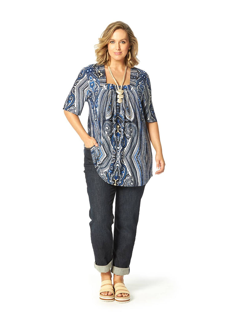 SHELL PAISLEY SQUARE NECK TOP BLUE